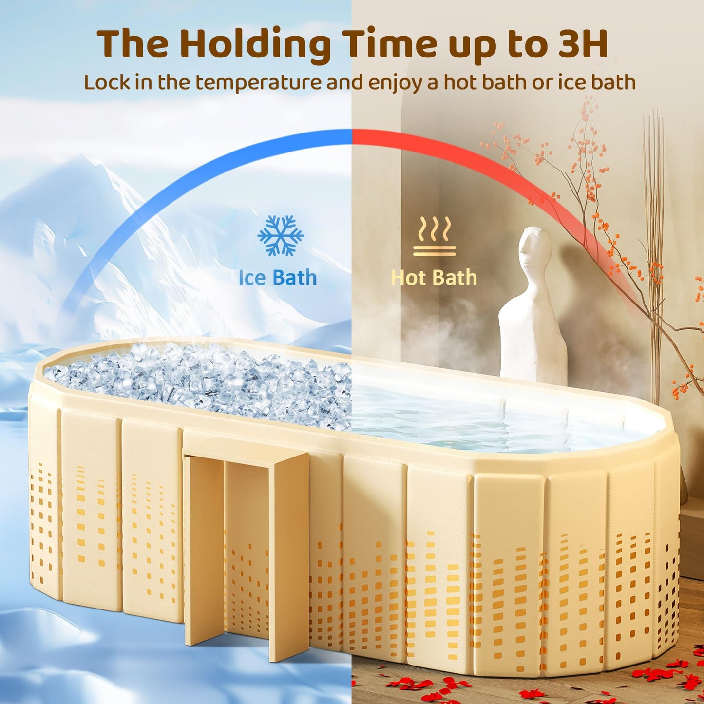 HLCZLUZ Portable Foldable Bathtub, Freestanding Bathtub No Installation, Bathroom SPA Soaking Bath Tub, Shower Stall Collapsible Hot & Ice Bath Tub (Yellow with Storage Rack, 59"L x 21.6"W x 19.6"H)