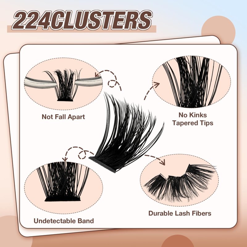 DIY Cluster Eyelash Extensions Kit - 224pcs Fluffy D Curl Lashes 9-16mm | Includes Bond, Seal & Tweezers