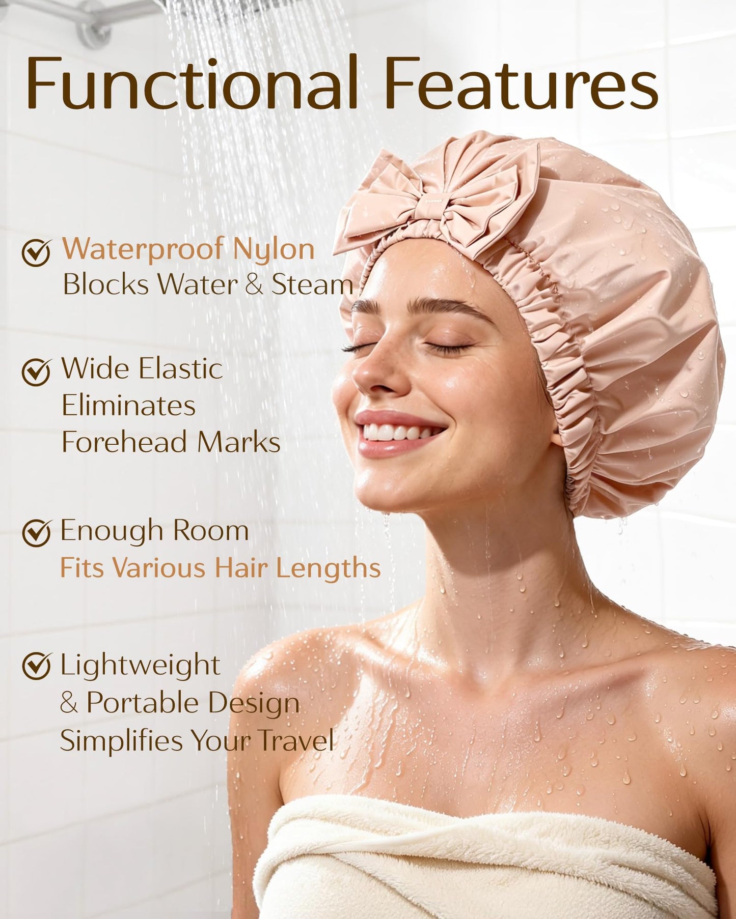 Yanibest Shower Cap Reusable Waterproof, Wide Elastic Band Bath Cap - Comfortable & Durable Bath Hair Hat for Women