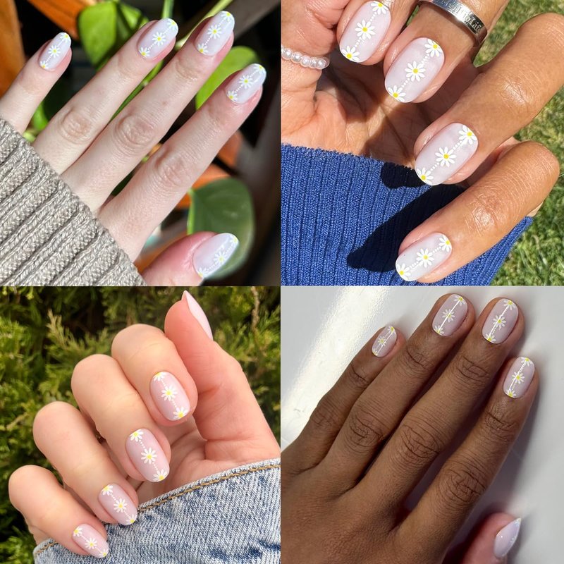 Olive & June Instant Mani Press-On Nails (Glue) | 42 Fake Nails, 21 Sizes | Non-Toxic, Long-Lasting Recycled Materials Realistic Look | Spring Flowers & Patterns | Short, Round |Daisy Chain