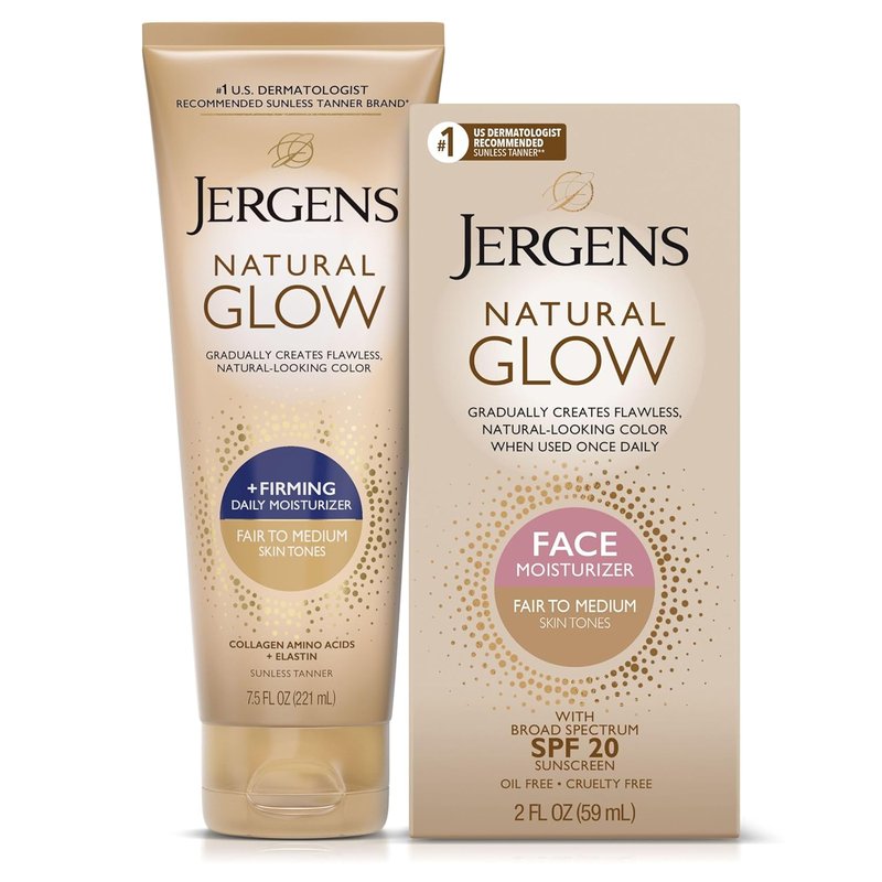 Jergens Natural Gradual Glow Daily Moisturizer Bundle - Firming & SPF 20 | 7.5oz + 2oz, Fair to Medium