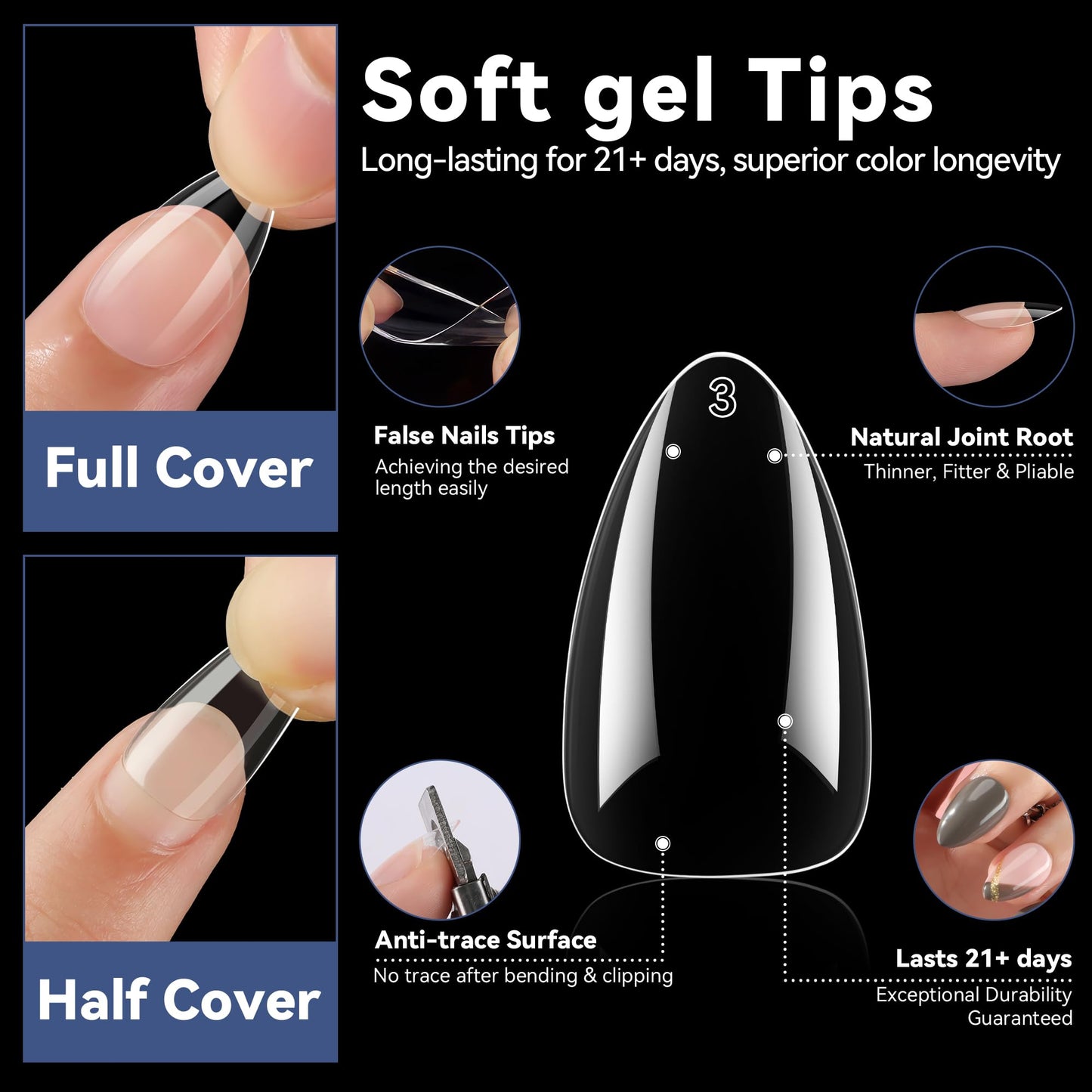 UNA GELLA Short Almond Gel Nail Tips, 504pcs Pre-shape Short Almond Nail Tips 12 Sizes Press on Nails Soft Gel Acrylic Clear Fake Full Cover for Nails Extension Home DIY Salon