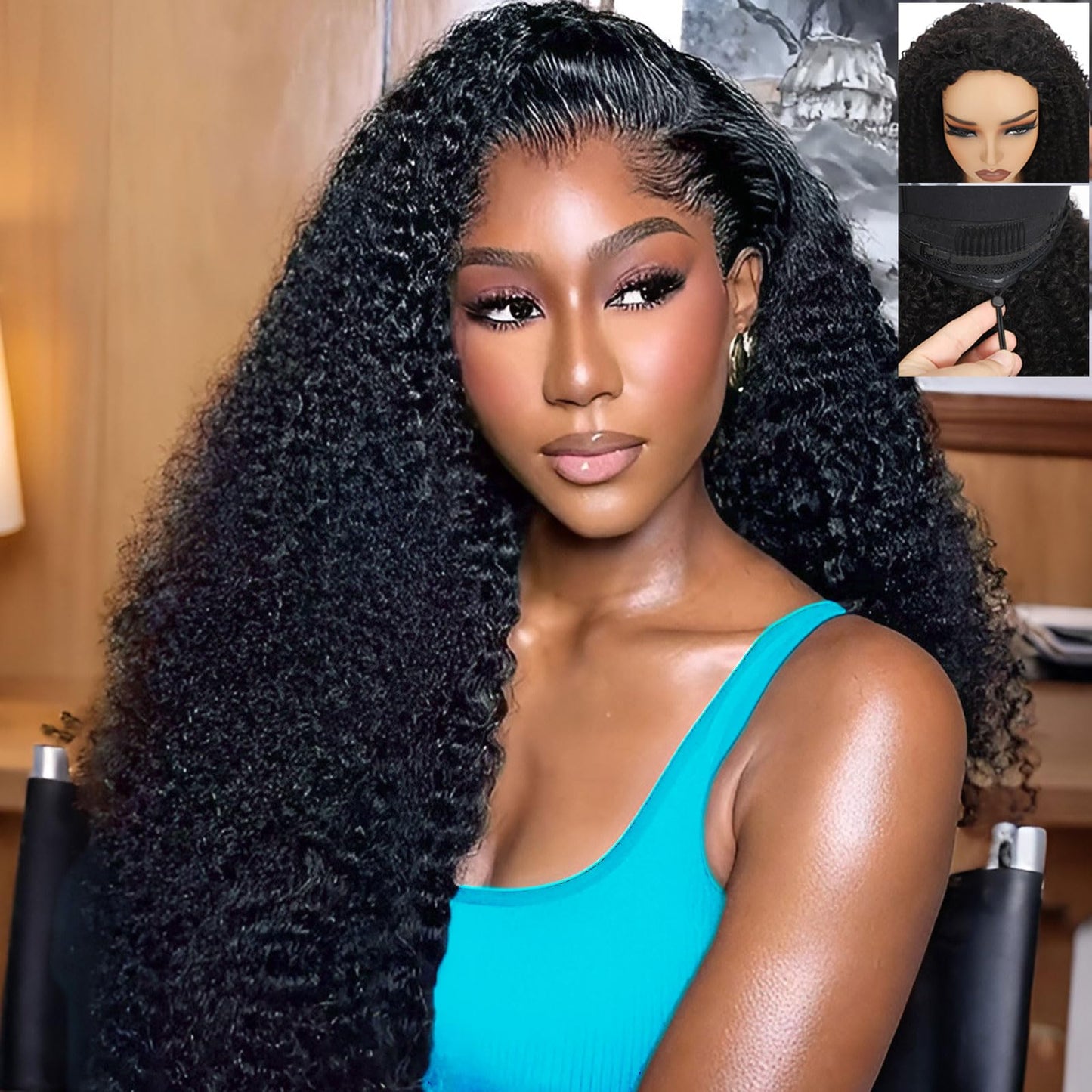 Tkekrw Kinky Curly Half Wig Fiber Blend Human Hair 26 Inch 200 Density 3 In 1 Drawstring Seamless Flip Wigs Wear Go Glueless Half Up Half Down Headband Wig Natural Black for Women Beginner Friendly