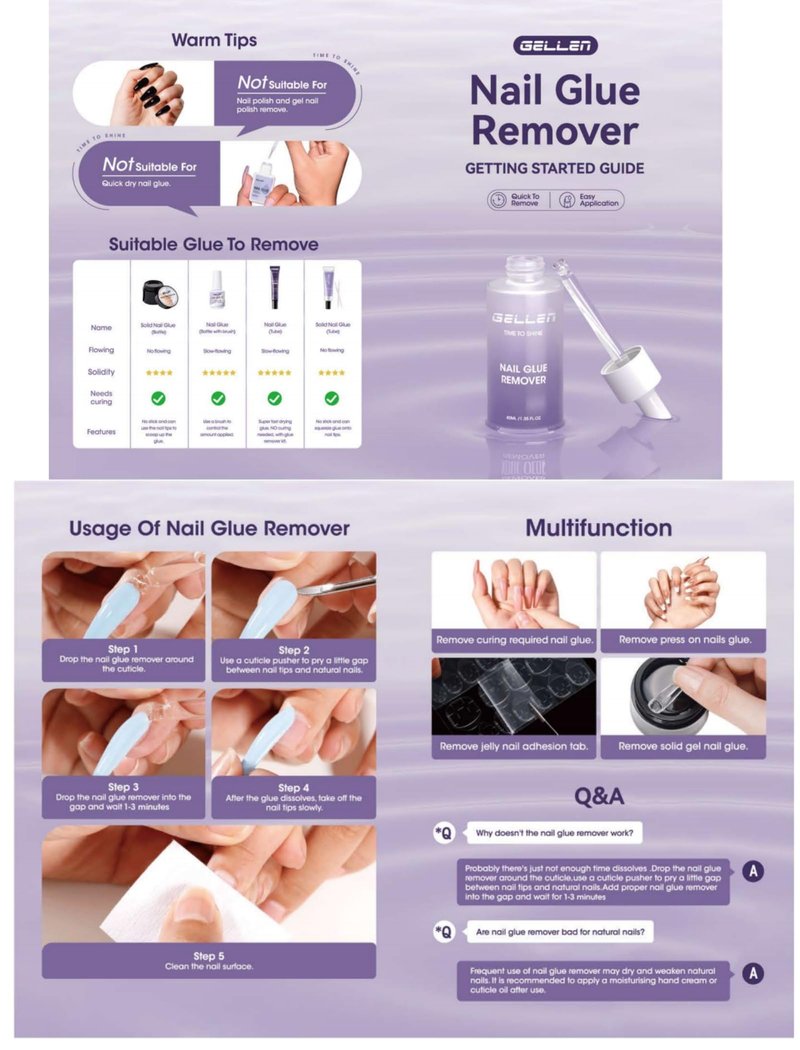 Gellen Nail Glue Remover for Press on Nails, 40ML Press On Nail Remover for UV Nail Glue, Non acetone Gentle Glue Off for False Nails Glue Tips, Odorless Easy Debonder, Not for Gel Polish