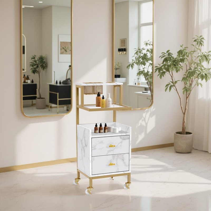 BarberPub Rolling Salon Cart with Storage Drawers, Barber Trolley with Metal Tool Holder & Basket, Beauty Salon Equipment for Hair Stylist 2084 (White Medium Size)