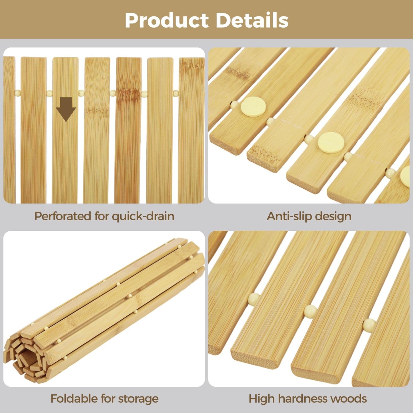 2 Pcs Bamboo Bath Mat, 23.6 x 15.7 in Hand Woven Wooden Shower Mat, Non-Slip Waterproof for Bathroom, Spa, Sauna, Outdoor Use