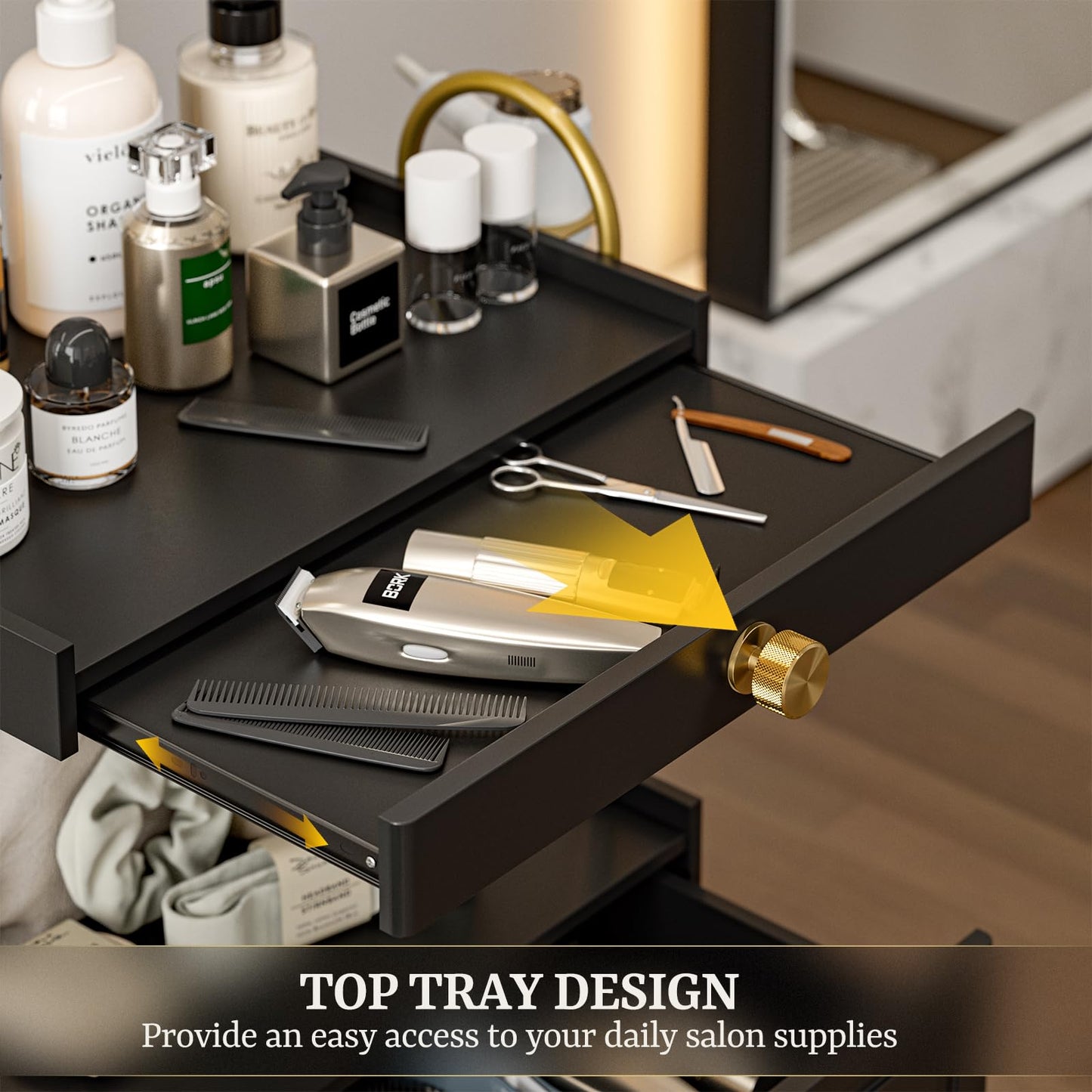 TTGIEET Barber Salon Trolley Cart w/Lockable Wheels, 3-Tier Rolling Beauty Cart with 2 Drawers & Dryer Holder, Mobile Beauty Trolley for Beauty Spa Barbershop(Black)