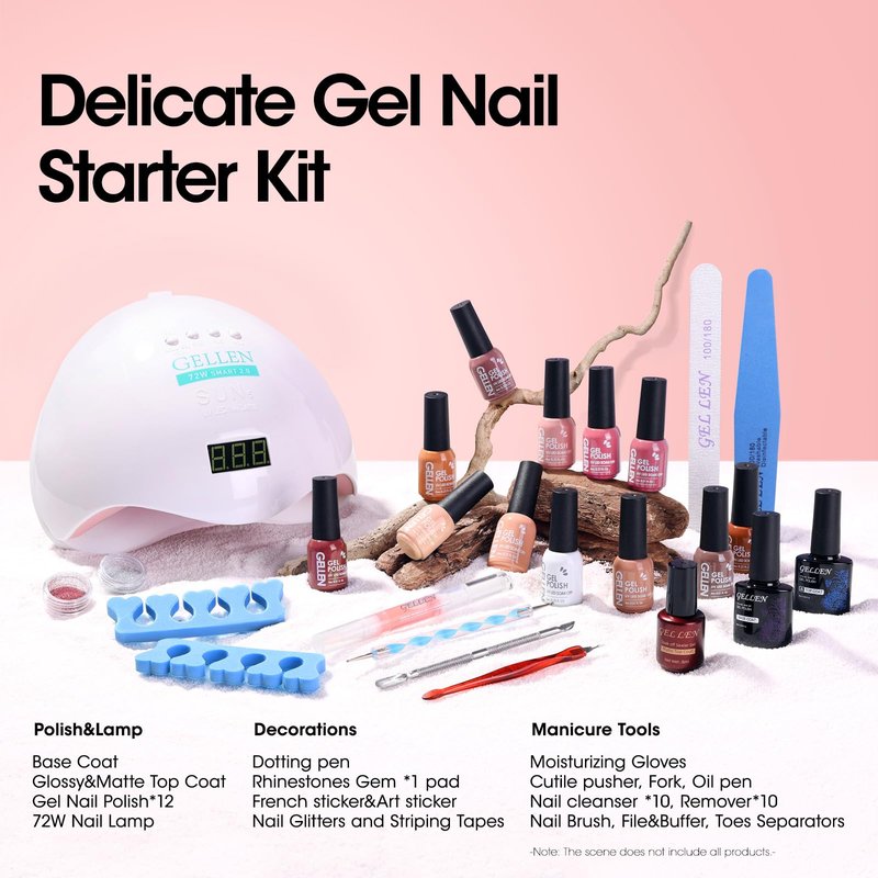 Gellen Gel Nail Polish Starter Kit with U V Light - 12 Colors Solid Black White Pink Blue Gel Polish with 72W Nail Lamp, Top Base Coat Nail Tools Gel Nail Polish Kit, Nail Gel All-In-One Manicure Set