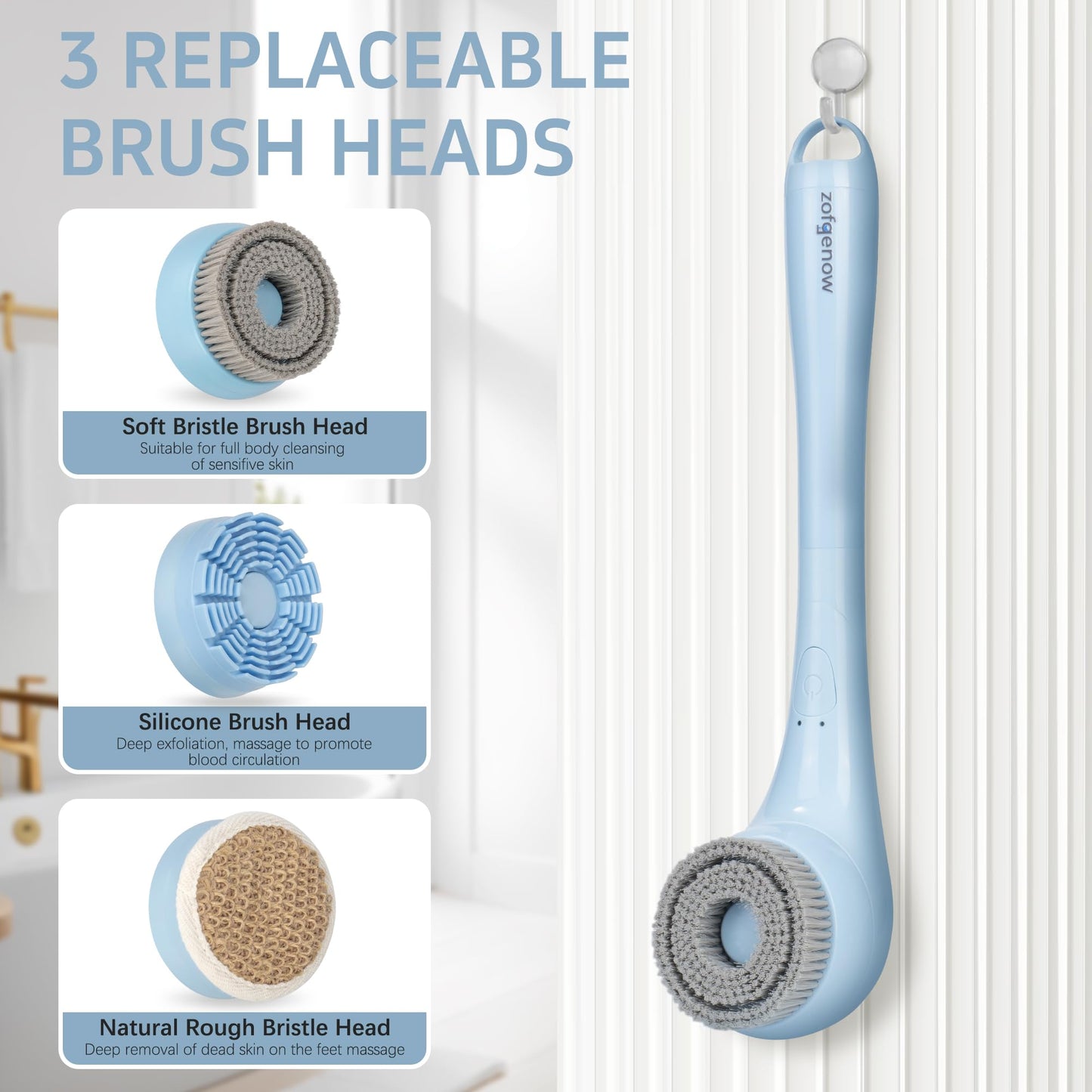 ZOFGENOW Electric Body Brush, Waterproof Back Scrubber for Shower with Long Handle and 3 Heads, Rechargeable Exfoliating Brush for Body and Foot, Deep Cleansing Massager, Blue