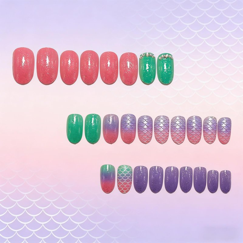 Mermaid Press on Nails Short Oval Fake Nails with Gradient Glitter Rhinestone Designs Ocean Press on False Nails Colorful Acrylic Nail Full Cover Artificial Stick on Nail for Women 24Pcs
