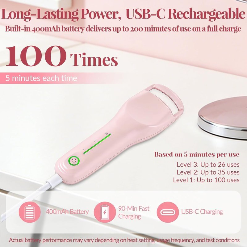 Skiennix Heated Eyelash Curler - 3 Heat Levels, Fast 8s Heating, USB-C Rechargeable, Anti-Burn Pad | Pink