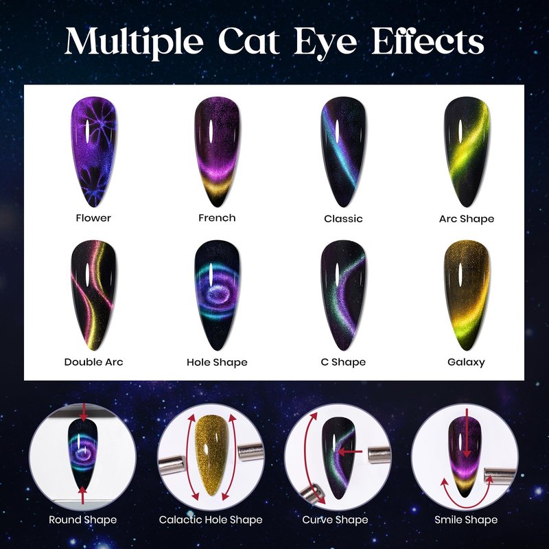 MIZHSE 8 Colors 9D Cat Eye Gel Nail Polish, Magnetic Gel Polish Kit with Magnet Stick, Galaxy Glitter Chameleon Effect Silk Velvet Cat Eye Nail Polish Soak Off Nail Art Design Ladies Gift