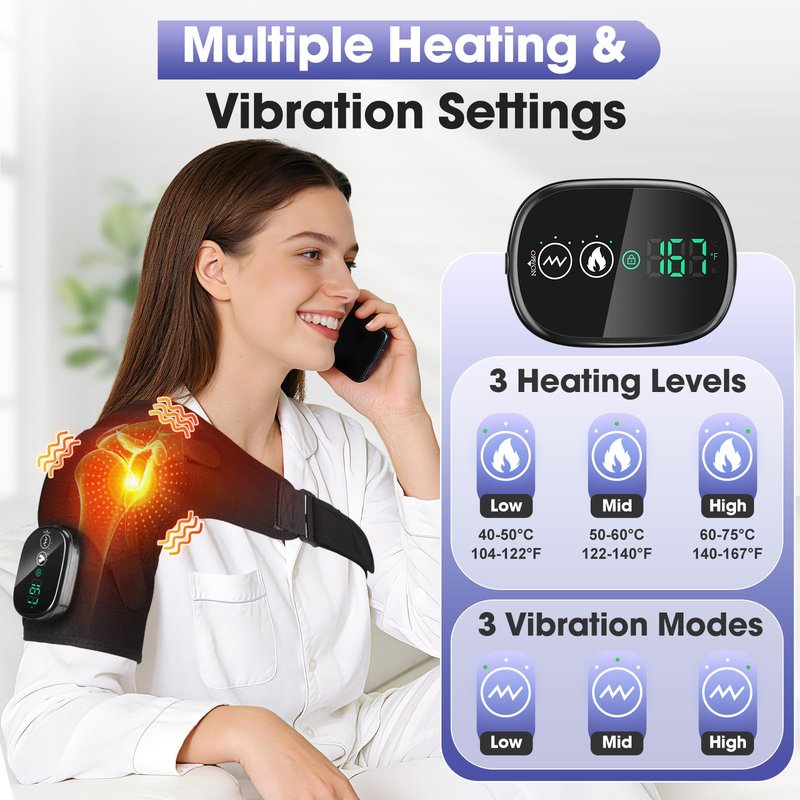 Shoulder Heating Pad with Massage, Cordless Heated Shoulder Wrap for Pain Relief, Rotator Cuff & Frozen Shoulder Support, Portable 3 Heat & 3 Vibration Shoulder Massager for Deep Tissue