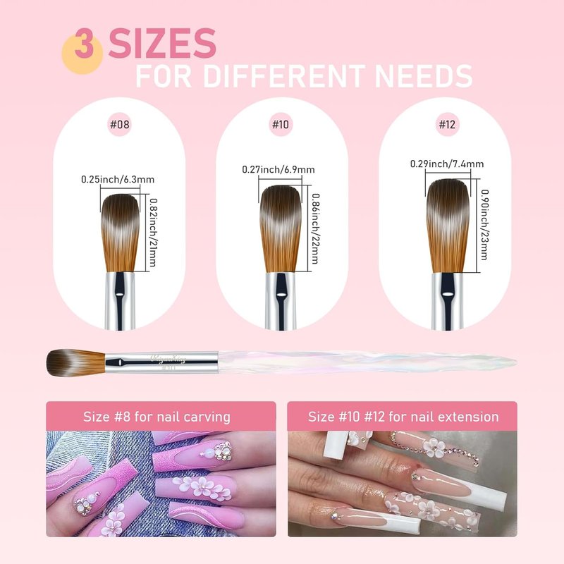 Skiennix Acrylic Nail Brush Set - Professional 3PCS Size 8/10/12 for DIY Nail Art & Manicure
