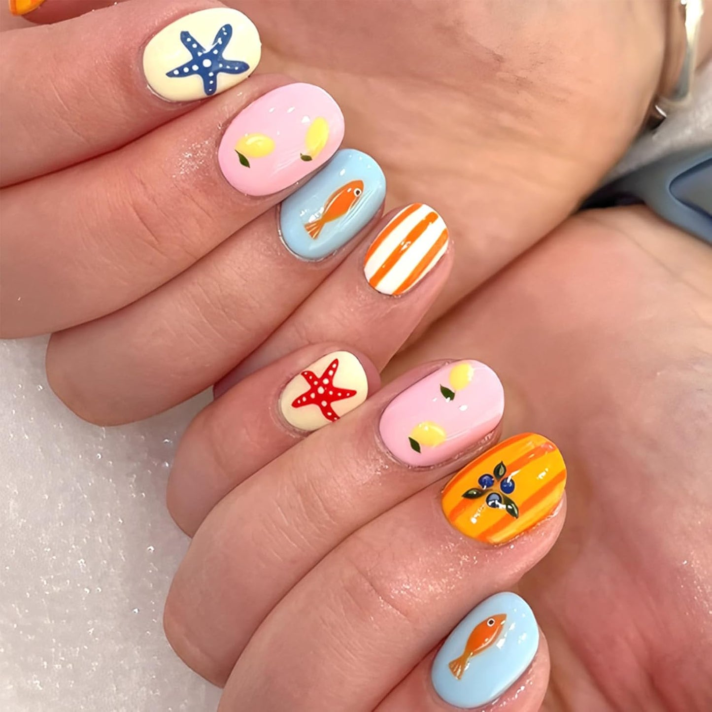 Skiennix Short Square Press-On Nails - Colorful Summer Designs with Starfish & Stripes | 24 Pcs