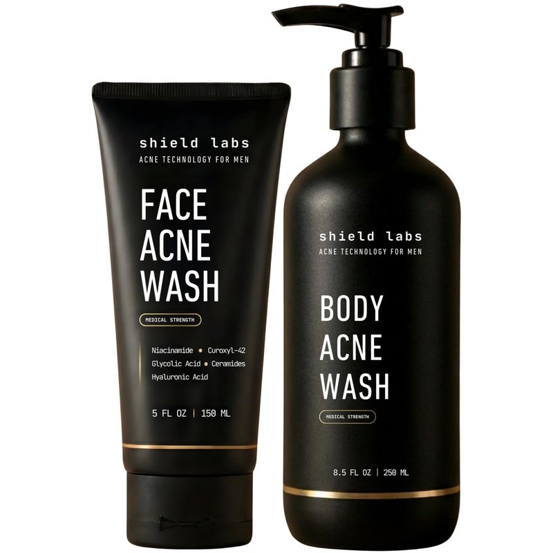 Shield Men's Acne Body Wash for Back, Chest & Shoulders - 4% Benzoyl Peroxide Body Wash, Clears Breakouts & Acne Scars – Unscented with Niacinamide, Glycolic Acid & Ceramides, 8.5 oz