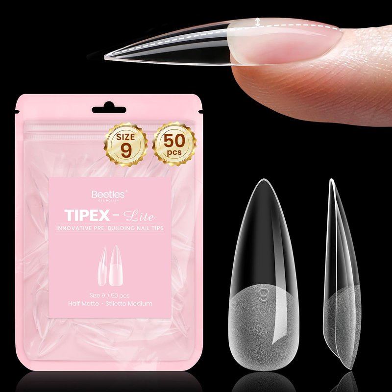 Beetles Tipex Lite Nail Tips, Medium Stiletto, Size 9, 50 Pcs, Built-in Apex Acrylic Tips for Flat & Natural Nail Beds, Beginner-Friendly DIY Nail Extensions
