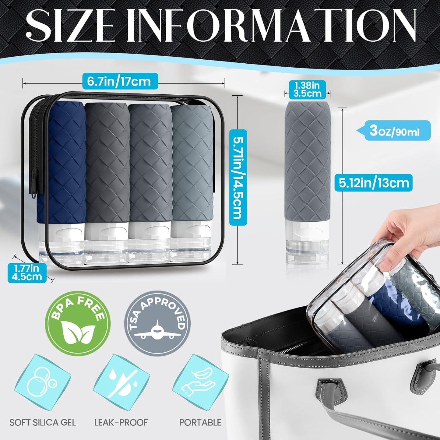 Travel Bottles for Toiletries - TSA Approved Silicone Containers | BPA Free, Leak Proof, Refillable - Navy Blue