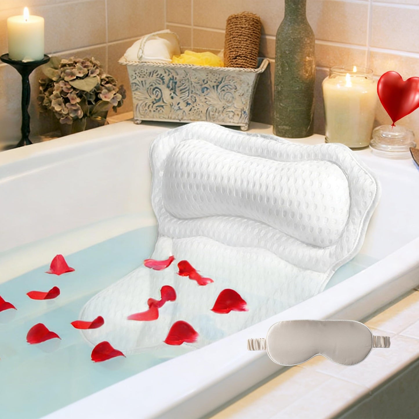 LIBRALUX Bath Pillows for Tub, Luxury Bath Pillows for Neck Head and Back Support,Bathtub Pillow with Soft 4D Breathable Mesh Fabric and Nonslip Suction Cups,Relaxing Bath Accessories .(White)