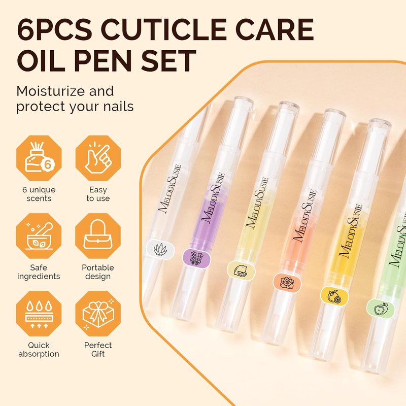 MelodySusie Cuticle Oil Pen Set - 6 Pcs Moisturizing Formula with Vitamin E for Softening & Repairing Cuticles