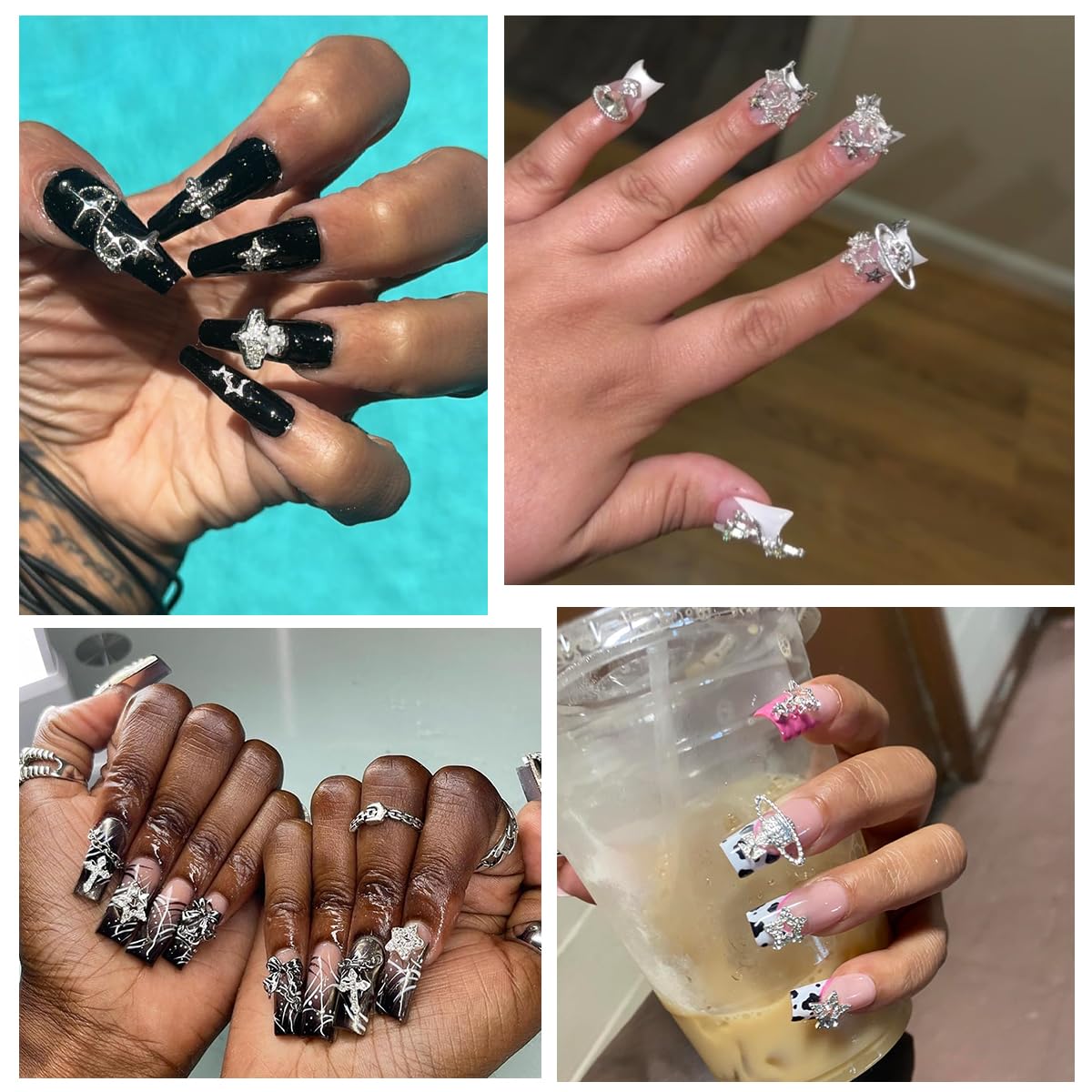 Star Nail Charms - 120+ Pcs Rhinestone Inlaid Silver Star & Planet Decorations | Nail Art Accessories for DIY Manicure