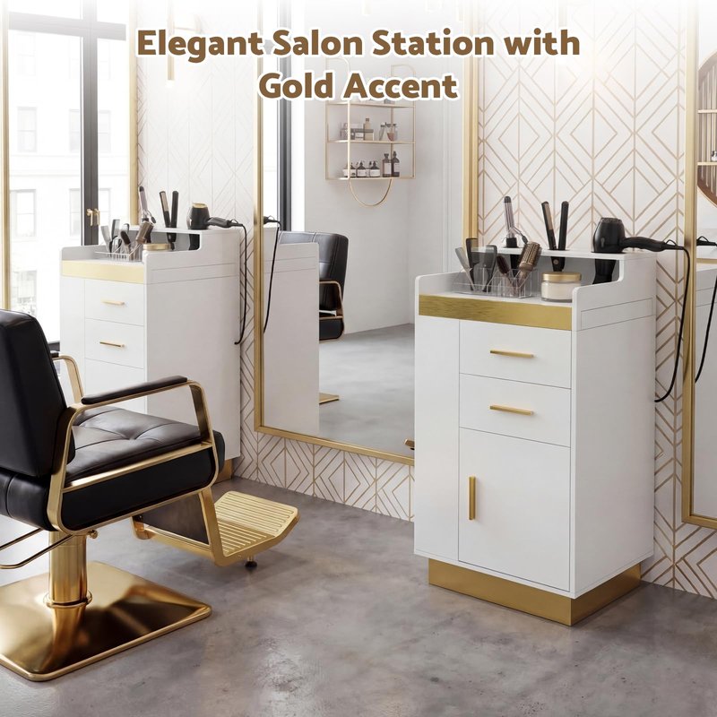 Oakvera Salon Station for Hair Stylist, Barber Station Salon Storage Systems with 3 Hot Tools Holders, a Tray, a Large Storage Cabinet & 2 Drawers for Barbershop, Beauty & Nail Salon, White