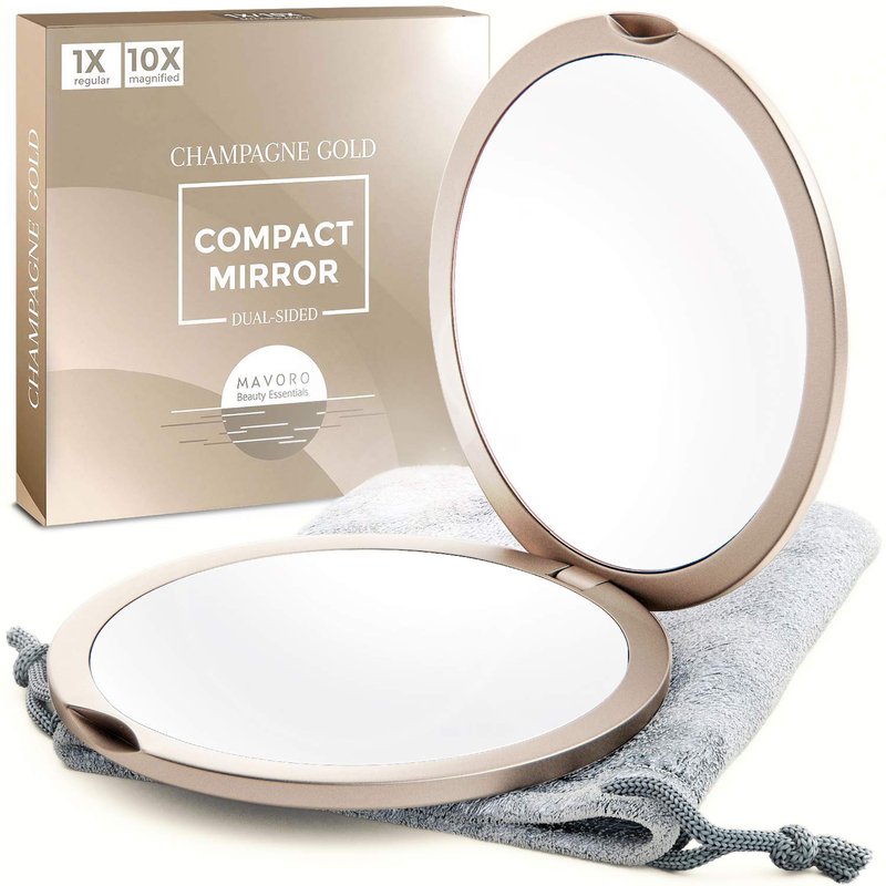 Mavoro Magnifying Compact Mirror - 1x/10x Magnification | 4" Double-Sided Travel Makeup Mirror in Champagne Gold