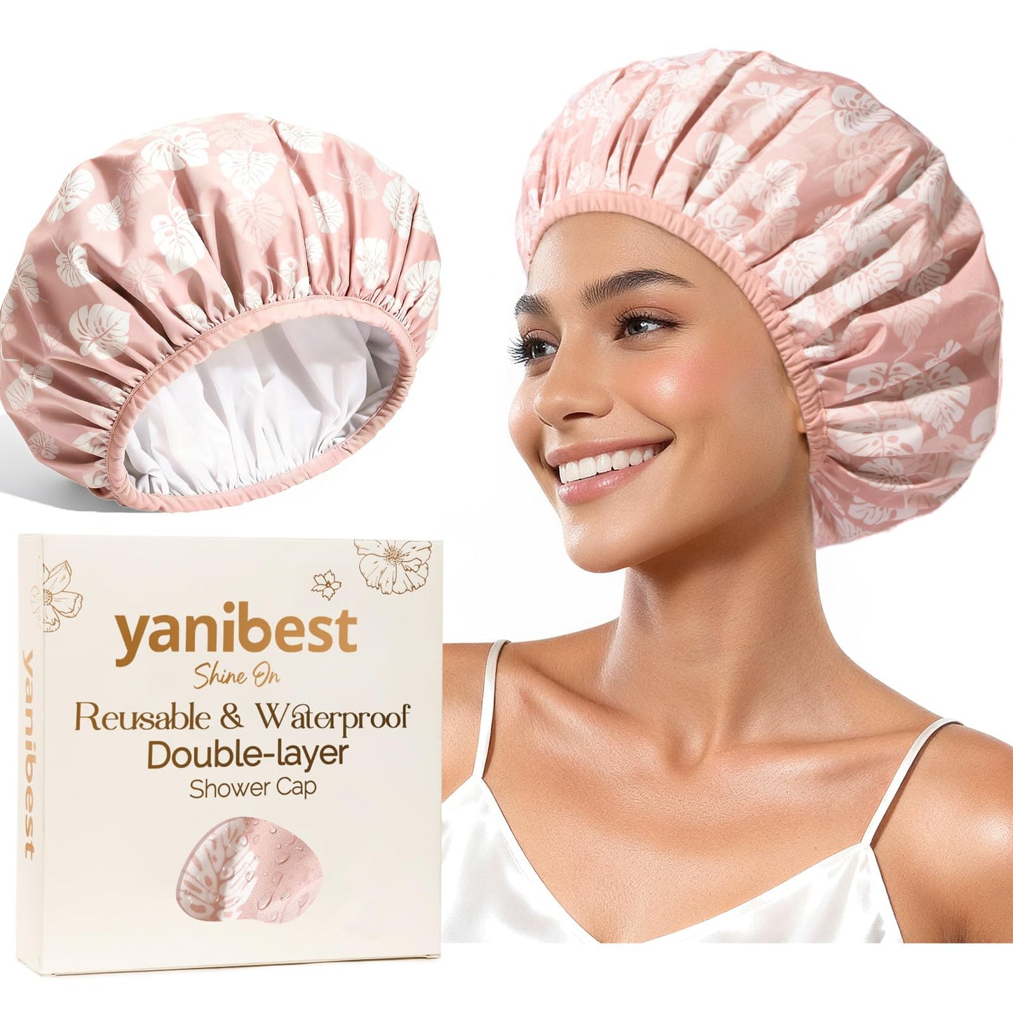 Yanibest Shower Cap Reusable Waterproof - Double Layer Shower Caps for Women, Washable Shower Bonnet with Soft Non-Slip Elastic Band, Bath Hair Hat for Most Hair Types