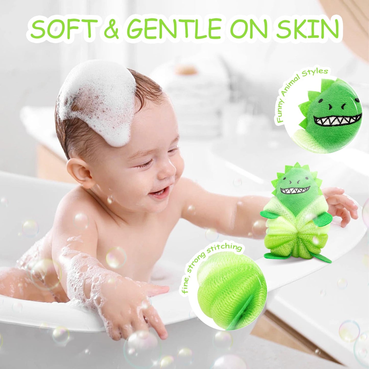 Kids Loofah & Bath Sponge, 2 Pack Loofah for Kids with Dinosaur & Shark, Gentle Baby Sponge for Bathing, Toddler Mesh Pouf for Bath Time, Soft Body Scrubber for Boys & Girls