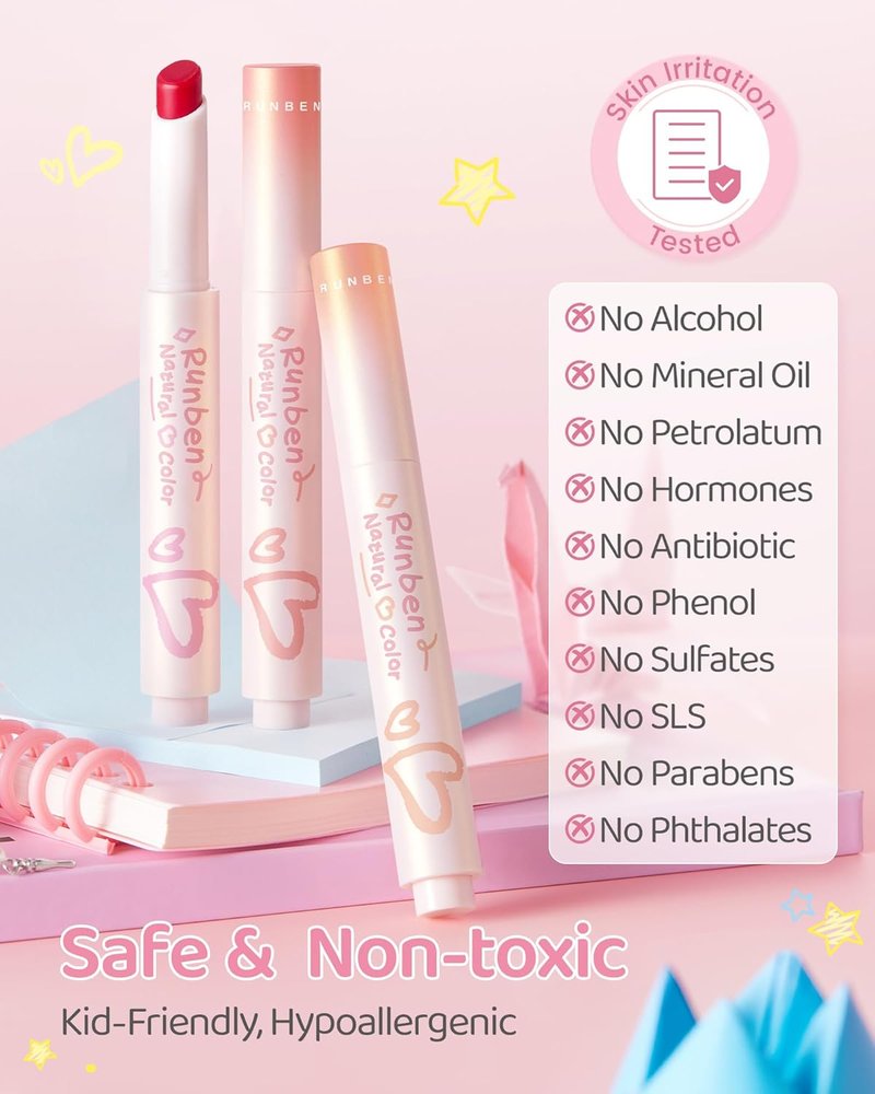 RUNBEN Kids Tinted Lip Balm, Pink Guava Lips Gloss, 24H Moisturizing, Safe & Non-toxic Lipstick for Kids & Teen, Birthday Makeup Gift for Girls
