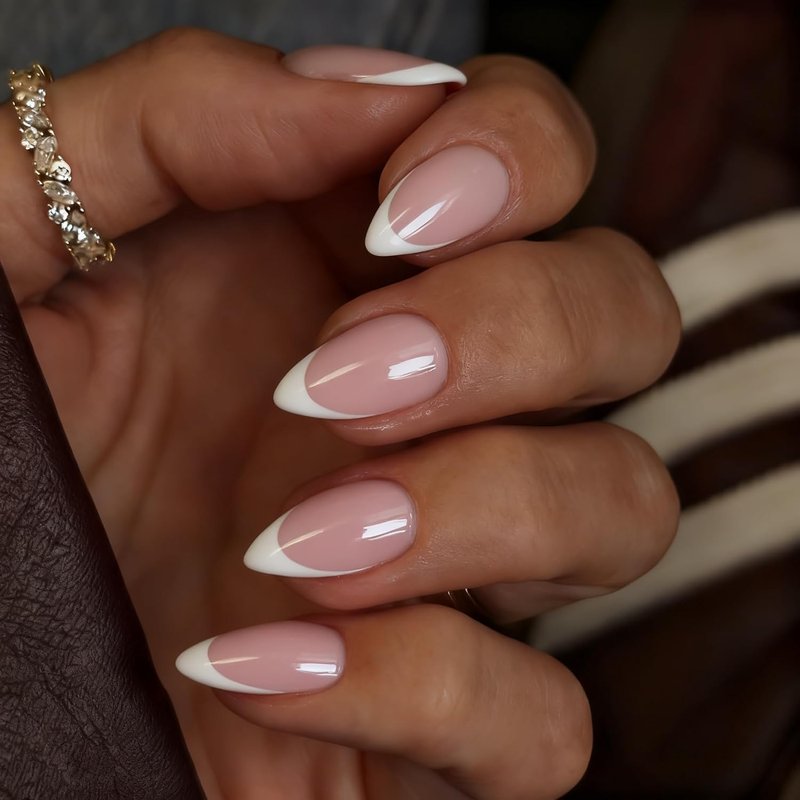 Press On Nails Short Almond - White French Tip Fake Nails with Glue | 15 Sizes, Realistic Soft Gel Design