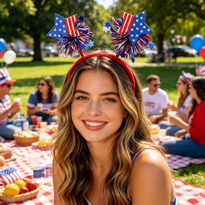 PODUOJIEYI 250th Anniversary Independence Day Headband Red White Blue American Flag Star Head Boppers with Glitter Tassel 4th of July Hair Accessories for Women Patriotic Party Favors