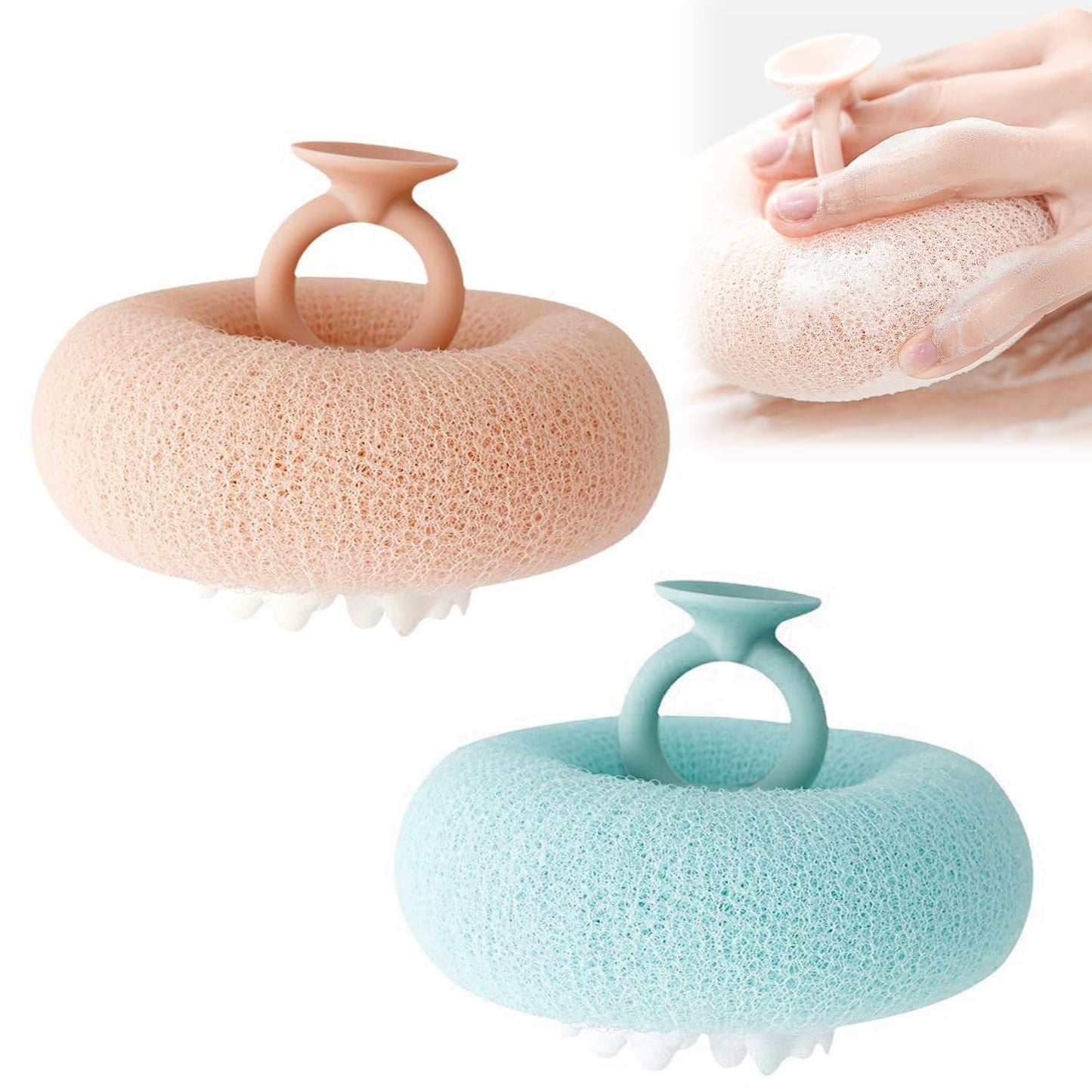 Super Soft Sunflower Suction Cup Bath Ball, 2026 New 2 in 1 Sunflower Bath Ball, Exfoliating Bath Sponge Cleaning Brush, Sponge Mesh Pouf Shower Ball for Women Men Teen (2Pcs-Blue+Pink)