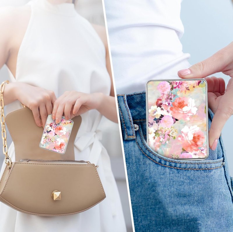 Pocket Mirror, Small Travel Mirror with Magnification, Portable Double-Sided Magnifying Cosmetic Mirror for Daily (2 Flowers)