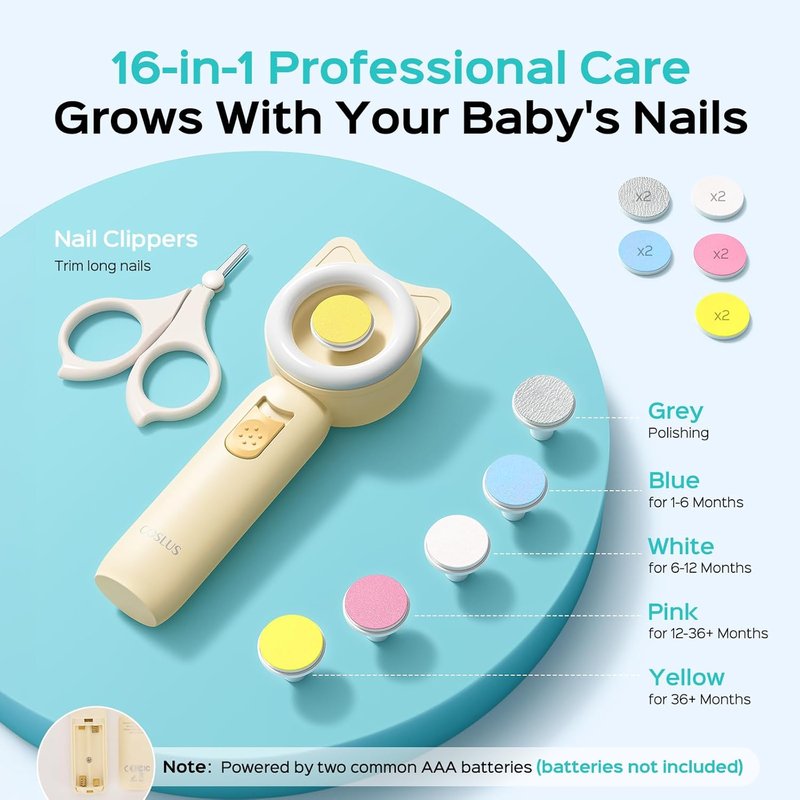 COSLUS Baby Nail File & Trimmer - Electric Nail Clipper with 360° Light | Safe & Gentle for Newborns, Infants & Toddlers - Lemon Yellow
