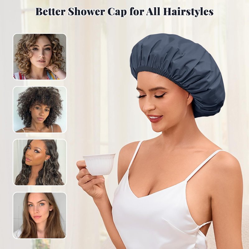 Shower Cap for Women Waterproof Reusable, Large Shower Cap Non-Slip with Elastic Band, Washable Bath Hair Hat for Long Hair, Braids (Navy Blue)