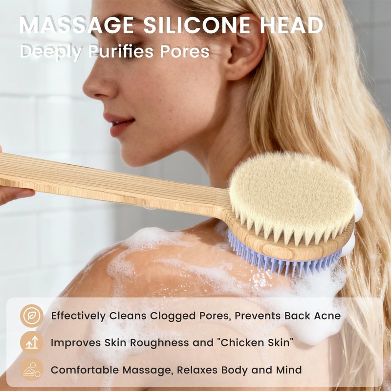 Back Scrubber for Shower - Double-Sided Silicone and Super-Dense Bristles for Deep Cleaning & Exfoliation, Bamboo Long Handle with Wider Anti-Slip Grip, Body Exfoliator for Wet or Dry Brushing