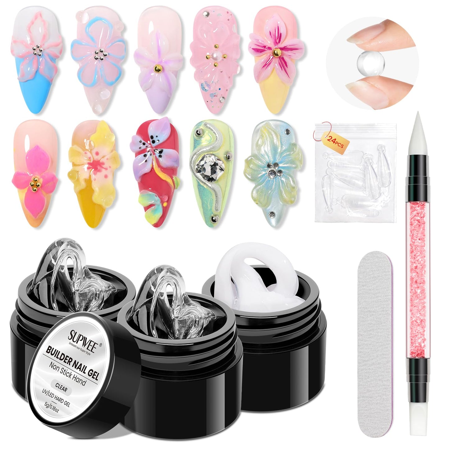 SUPWEE 3D Sculpting Gel for Nail Art, Clear and White Non Stick Hand Hard Gel for Nails Home Manicure, Nail Salon, Nail Charms, Extension, Carving, Molding, Solid Builder Gels