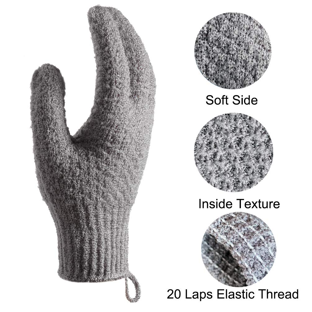 CLEEDY Bath Exfoliating Gloves - 4 Pcs Lengthened and Large Scrubbing Gloves for Shower, Spa, Massage - Scrub Mitts for Body, Face, Hand and Foot (Black and Gray)