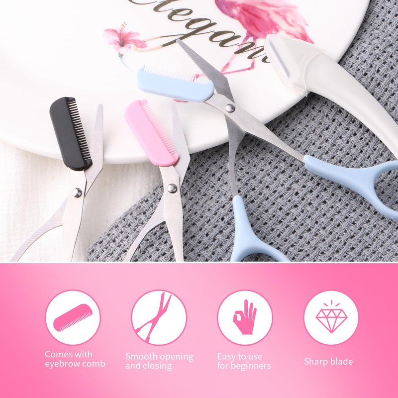 3pcs-Eyebrow Scissors with Eyebrow Razor,Professional Eyebrow Trimmer Scissors with Comb,Non Slip Finger Grips Eyebrow Trimmer, Hair Removal Beauty Accessories for Men Women (Black, Pink, Blue)