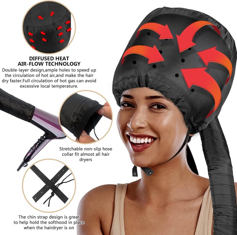Bonnet Hood Hair Dryer Attachment - Elastic Strap for Hair Styling & Deep Conditioning | Black