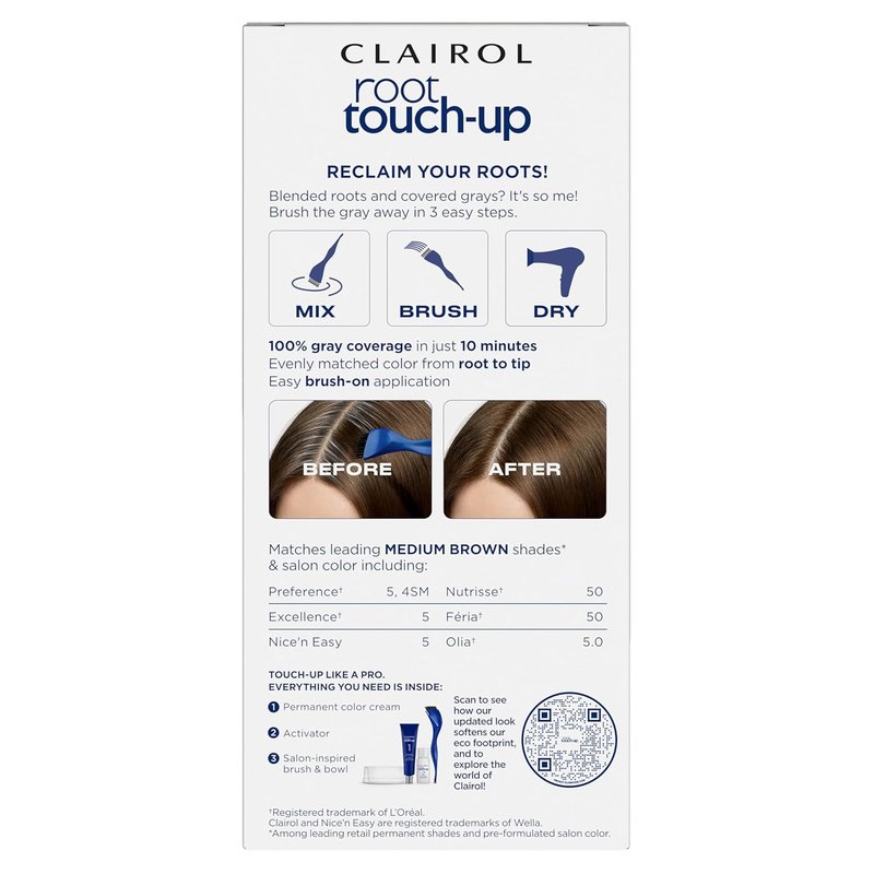 Clairol Root Touch-Up Permanent Hair Dye - 100% Gray Coverage, Medium Brown | Easy Brush Application | Pack of 2