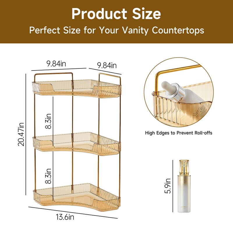 Ceruaxb 3-Tier Corner Bathroom Counter Organizer, Plastic Countertop Makeup Organizer, Large Capacity Vanity Bathroom Perfume Shelf Rack for Kitchen Office Desktop (Amber)
