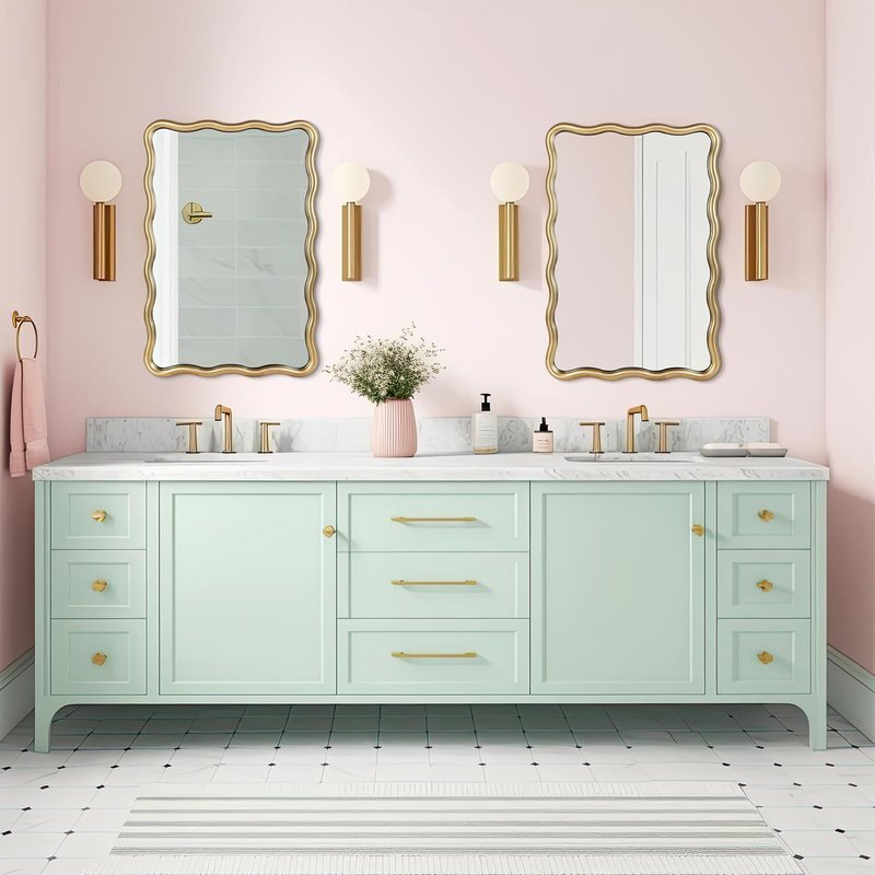 20''x30'' Rectangular Wavy Wall Mirror - Modern Decorative Bathroom Mirror with Scalloped for Modern Farmhouse Vanity, Living Room, Entryway, or Hallway (Gold)