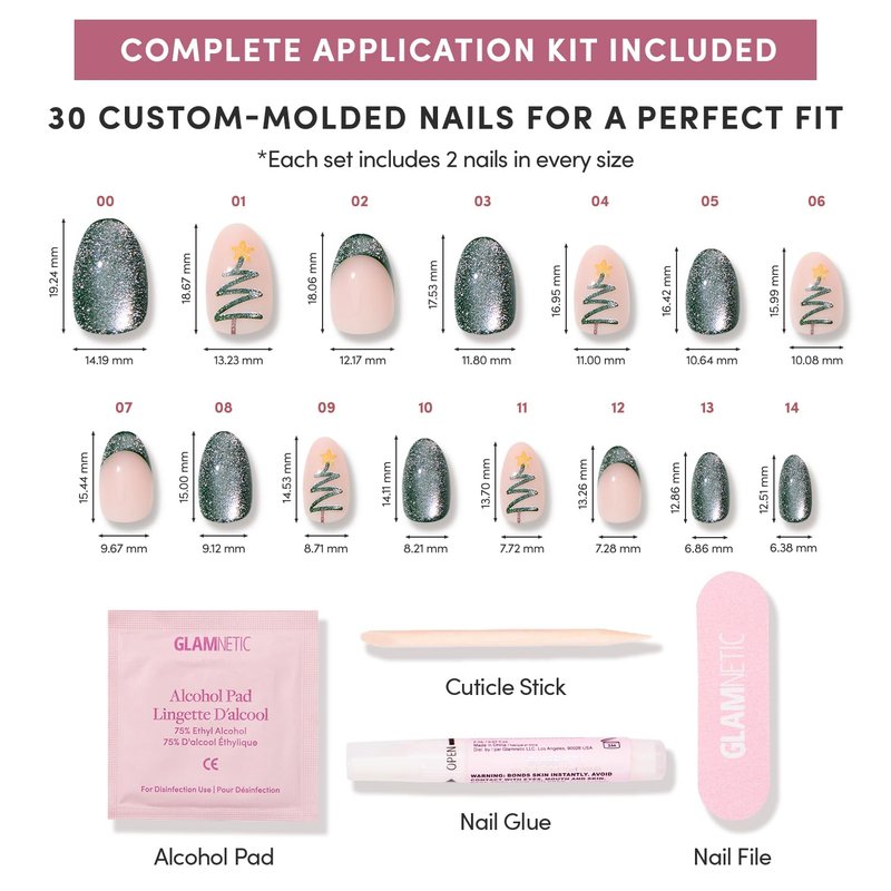 Glamnetic Press On Nails - Velvet Pine | Short Oval Fake Nails in Deep Green with French Tips, Tree Designs and a Velvet Finish, Salon Quality Holiday Nails | 15 Sizes - 30 Nail Kit with Glue