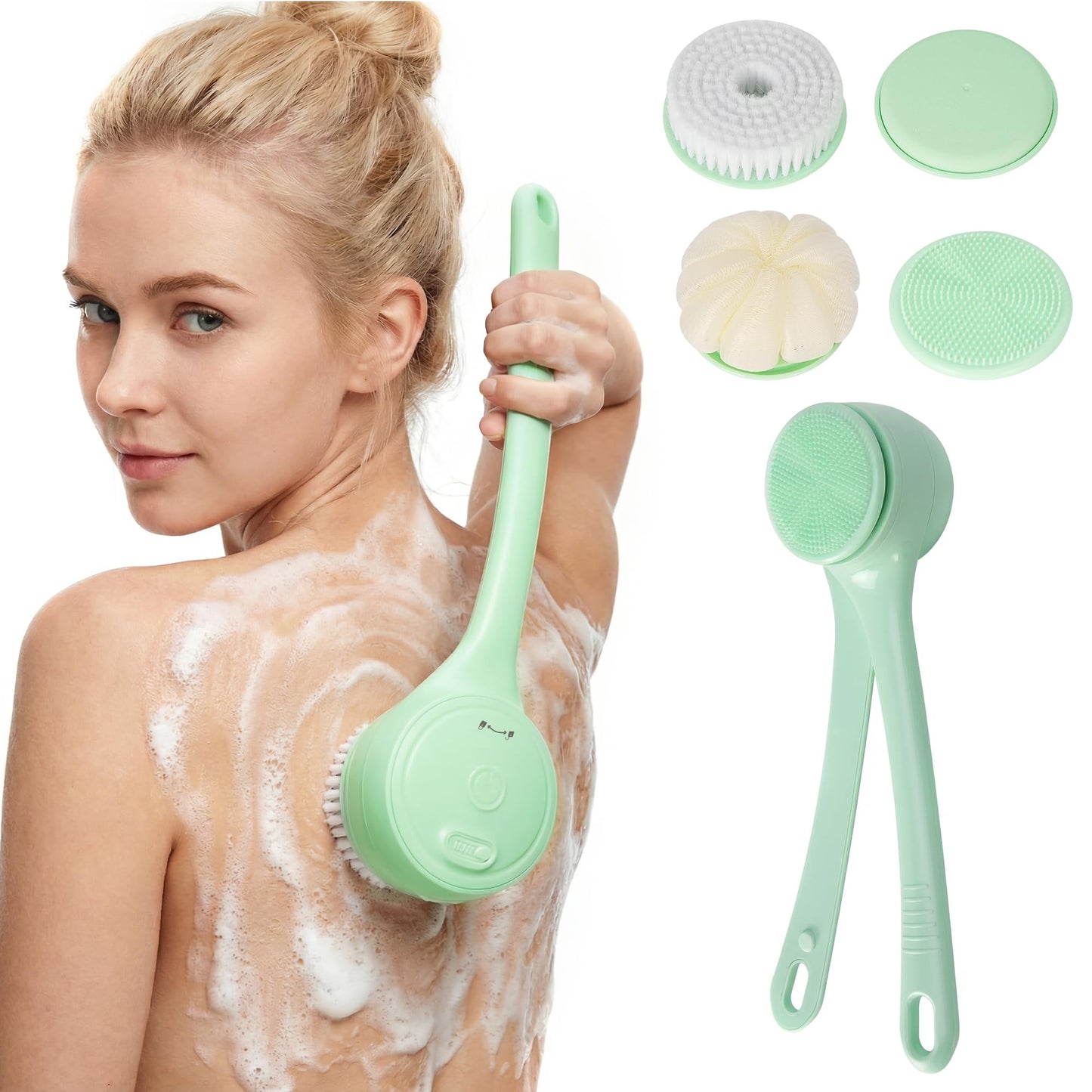 Electric Body Brush Back Scrubber for Shower，5 Replaceable Heads and Hook,Waterproof Long Dual Handle Power Body Scrubber 2 Speeds, for Cleansing Body, Exfoliating and Massaging Skin.