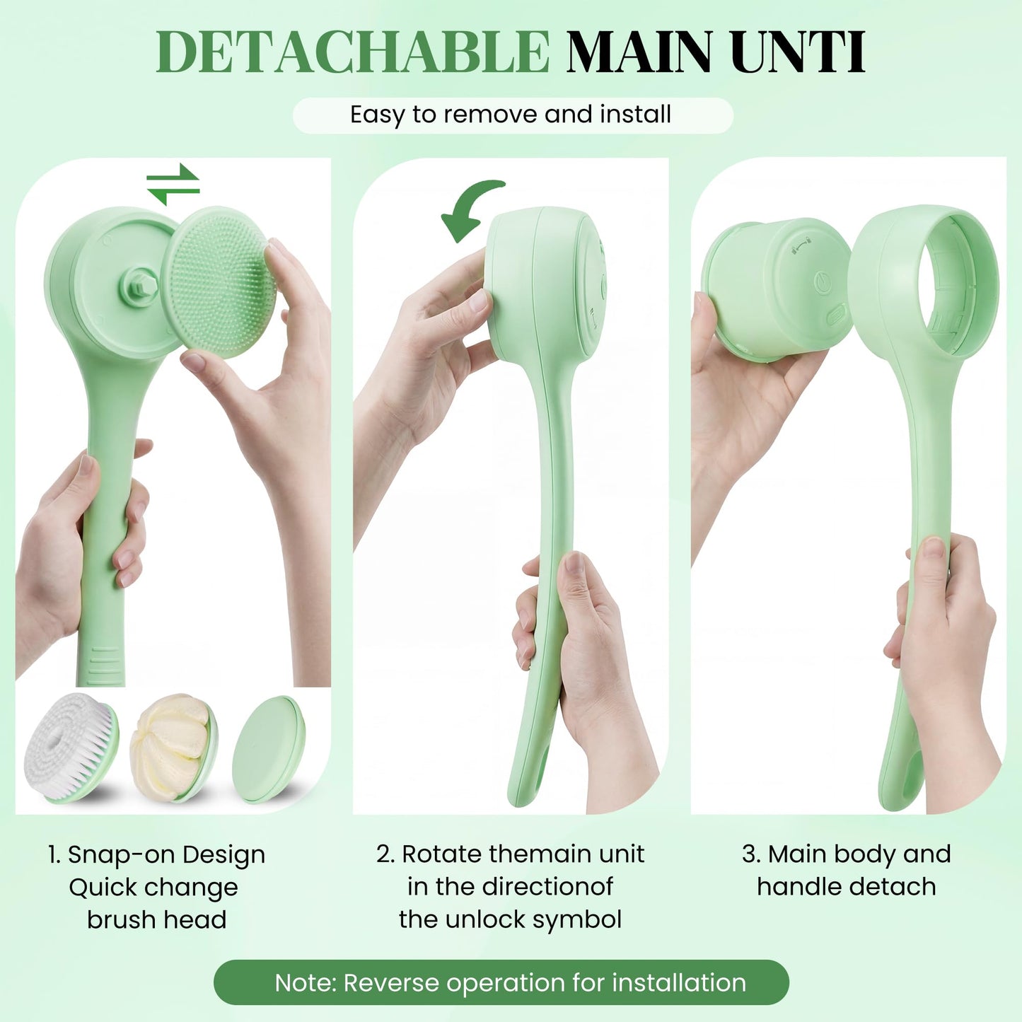 Electric Body Brush Back Scrubber for Shower，5 Replaceable Heads and Hook,Waterproof Long Dual Handle Power Body Scrubber 2 Speeds, for Cleansing Body, Exfoliating and Massaging Skin.