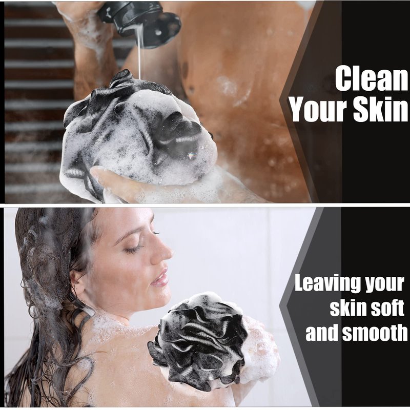 Shellwei 32 Pcs Bath Loofahs Sponge Shower Bulk 60 g for Men Black Large Charcoal Body Scrubber Mesh Shower Puff White Soft Exfoliating Pouf Balls for Women Bathing Accessories
