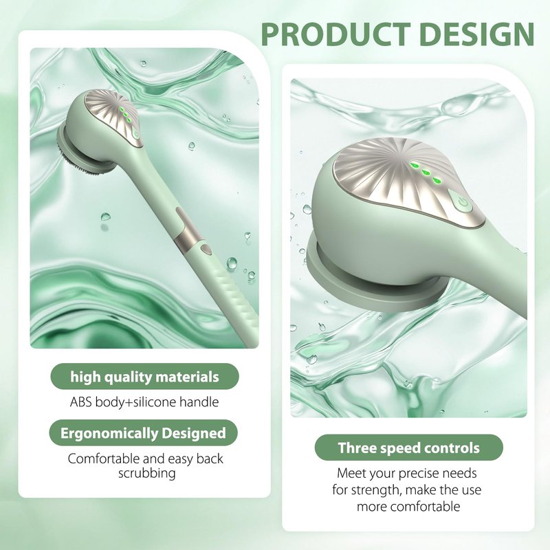 Electric Body Brush Back Scrubber for Shower, Waterproof Long Handle Power Body Scrubber with 6 Heads, Rechargeable Bath Brush & 3 Speeds, for Cleansing, Exfoliating and Massaging Skin (Green)