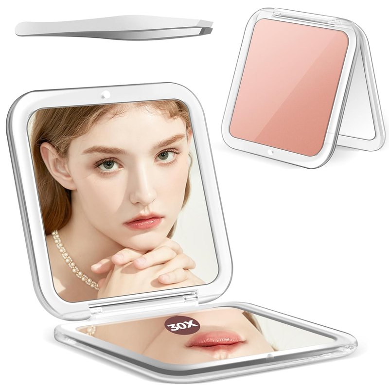 MIYADIVA Compact Mirror - 30X Magnifying Travel Makeup Mirror with Precision Tweezers | Perfect Gift for Girls